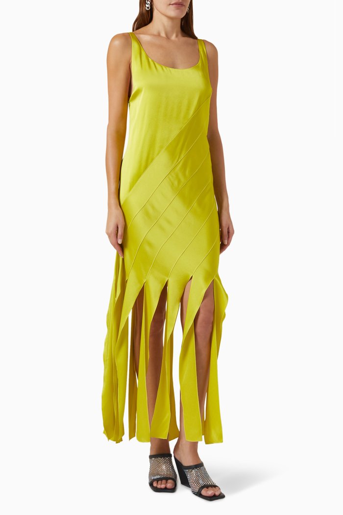 

Fringed Midi Dress in Satin, Yellow