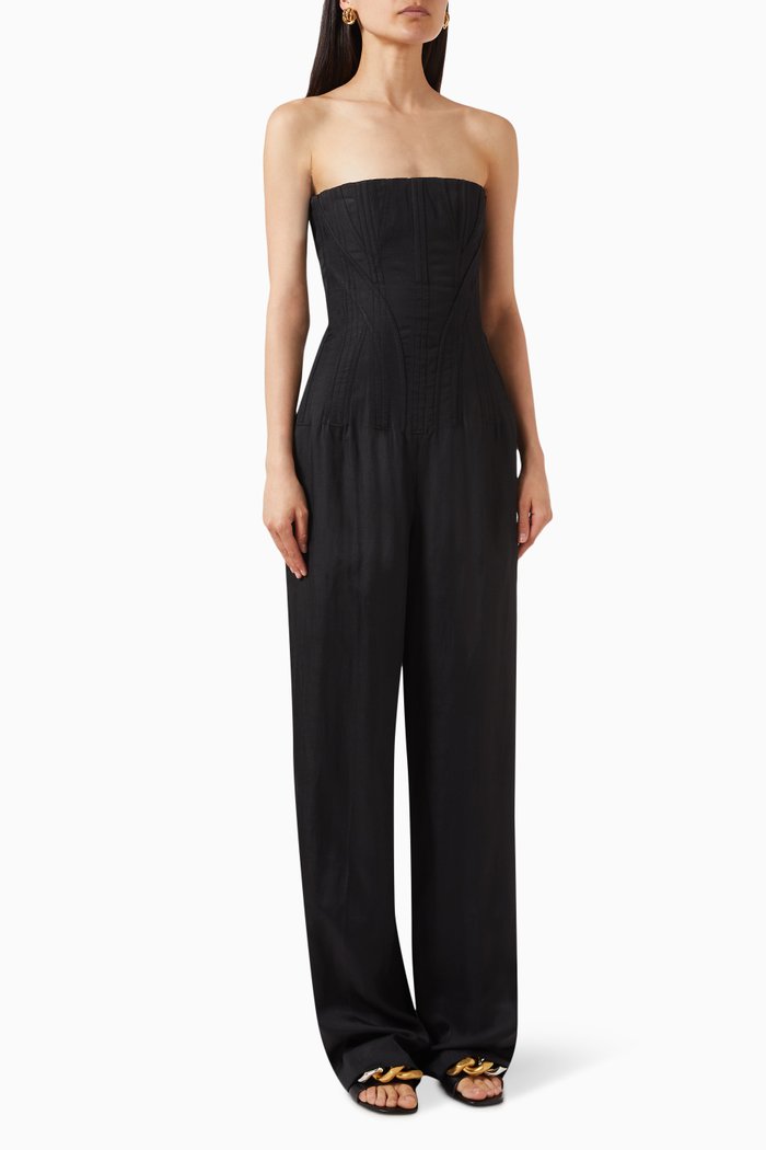 Strapless Corset Jumpsuit in Viscose-linen Blend, Black
