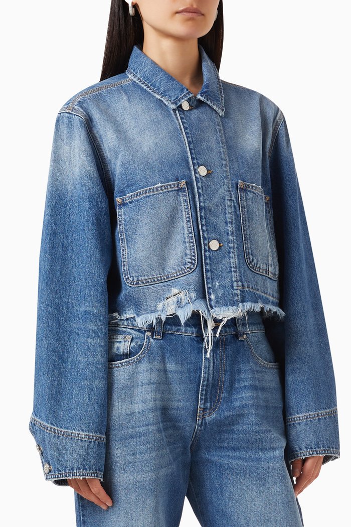 

Vintage Distressed Crop Jacket in Organic Denim, Blue