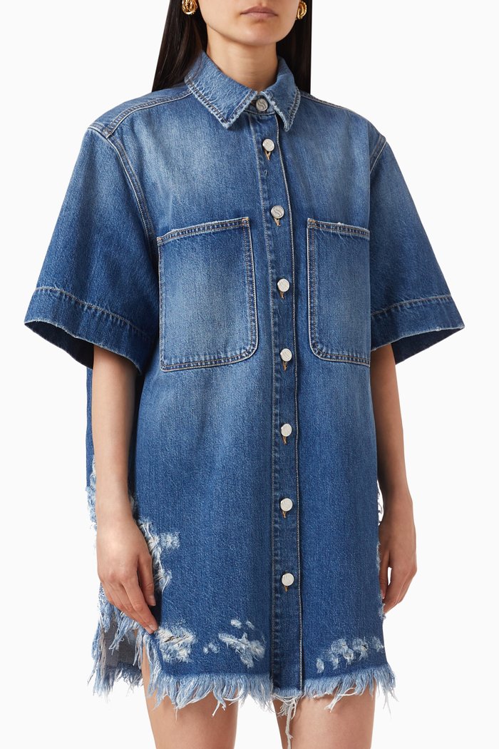 

Vintage Wash Deconstructed Mini Shirtdress in Organic Denim, Blue