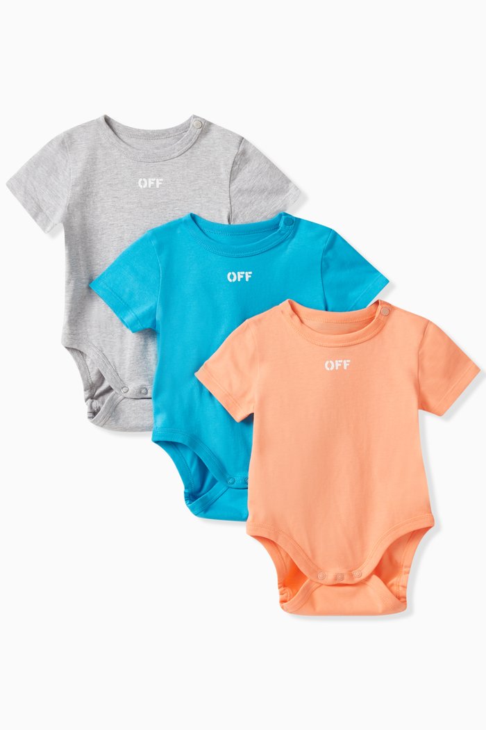 

Graphic Logo Print Bodysuit in Cotton, Set of 3, Multicolour