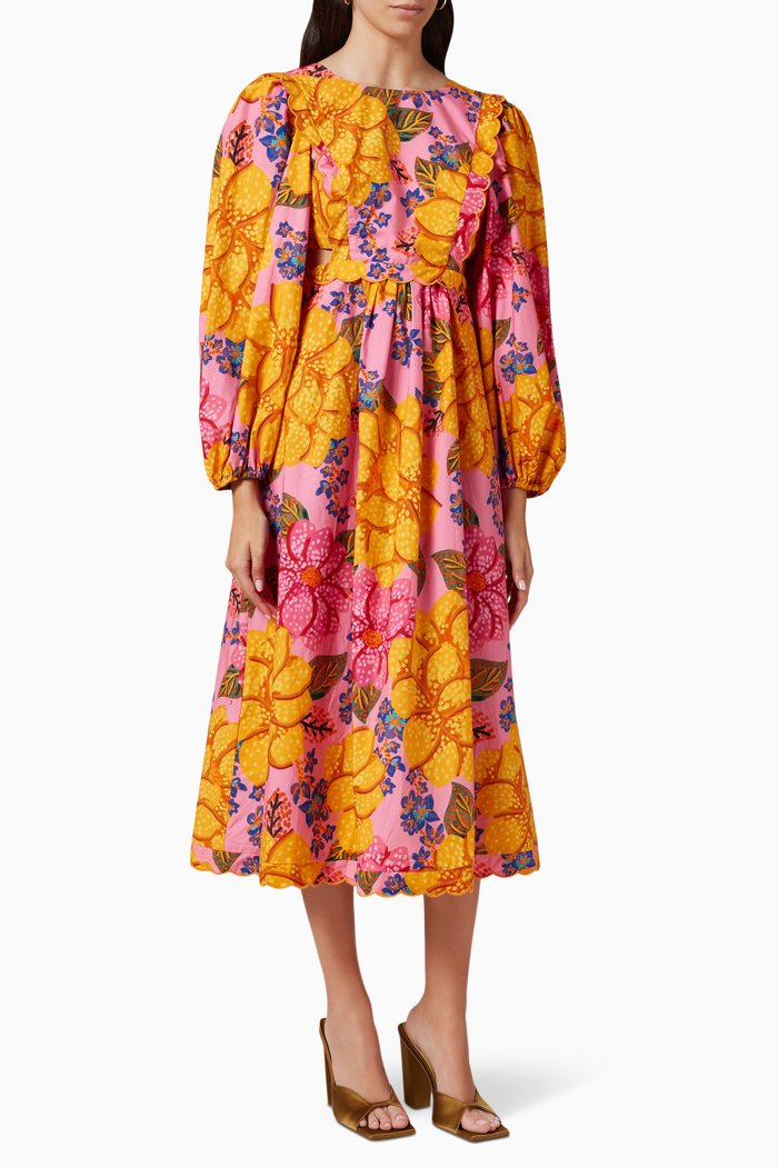 

Flowers Garden Midi Dress in Organic Cotton, Pink
