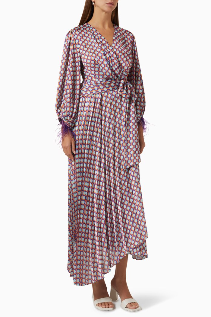 

Printed Wrap Dress in Satin, Purple