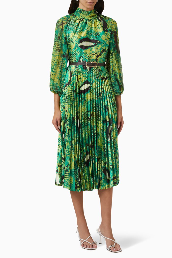 Abstract-print Pleated Midi Dress in Crepe, Green