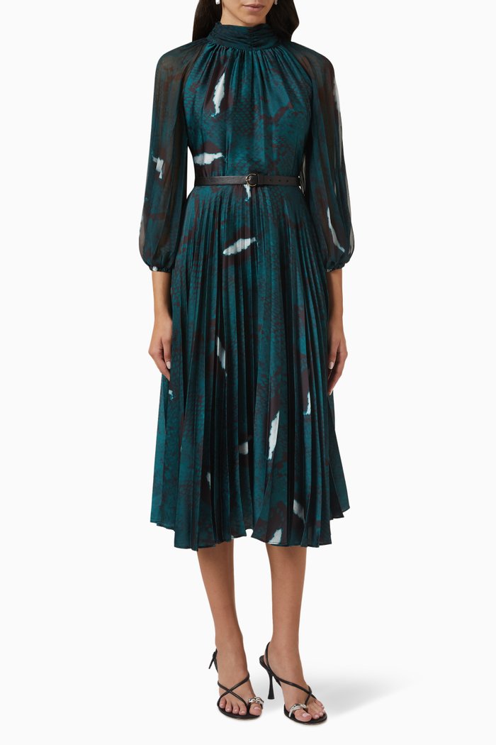 Abstract-print Pleated Midi Dress in Crepe, Green