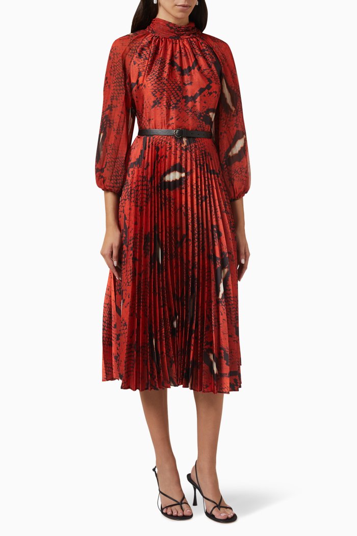 

Abstract-print Pleated Midi Dress in Crepe, Red