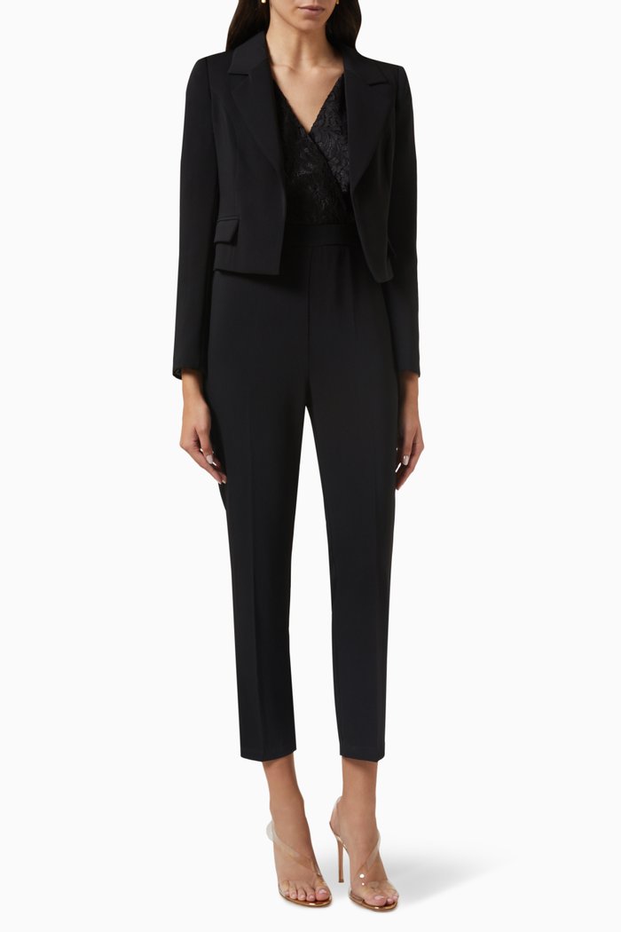 Blazer Cropped Jumpsuit in Lace & Crepe, Black