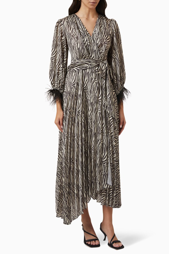 

Feather-trimmed Midi Wrap Dress, Black
