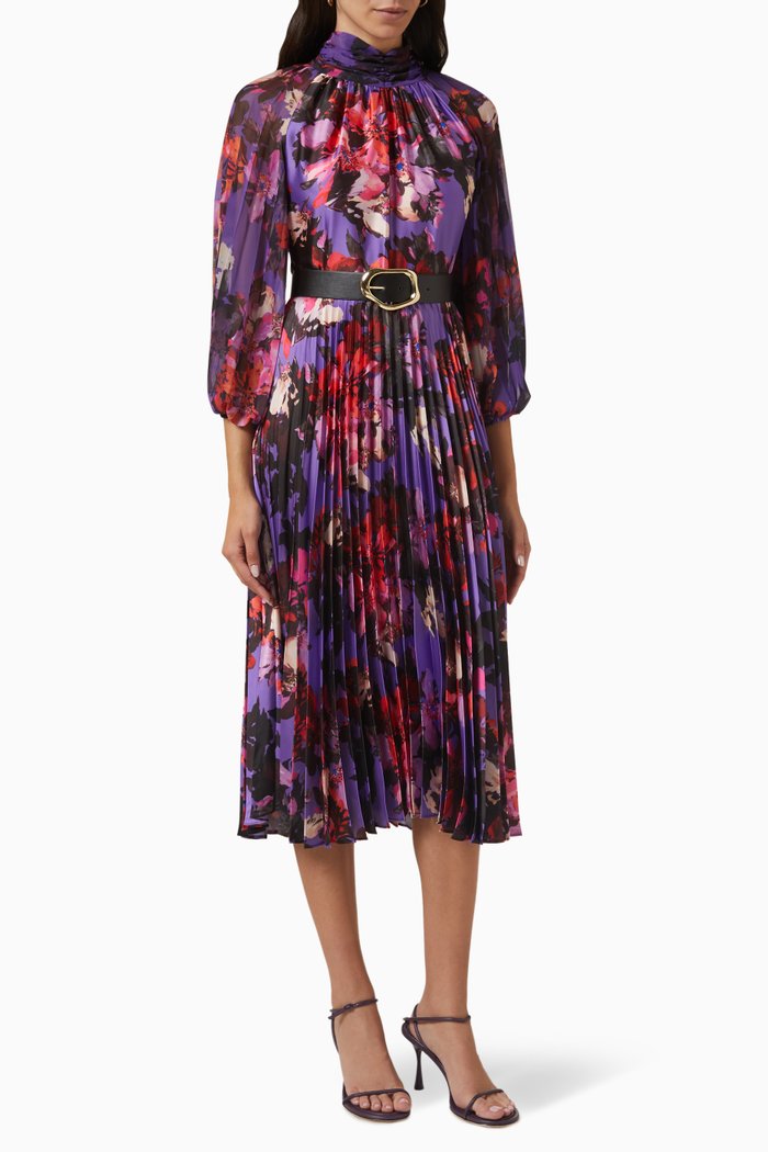 Floral-print Pleated Midi Dress in Satin, Purple