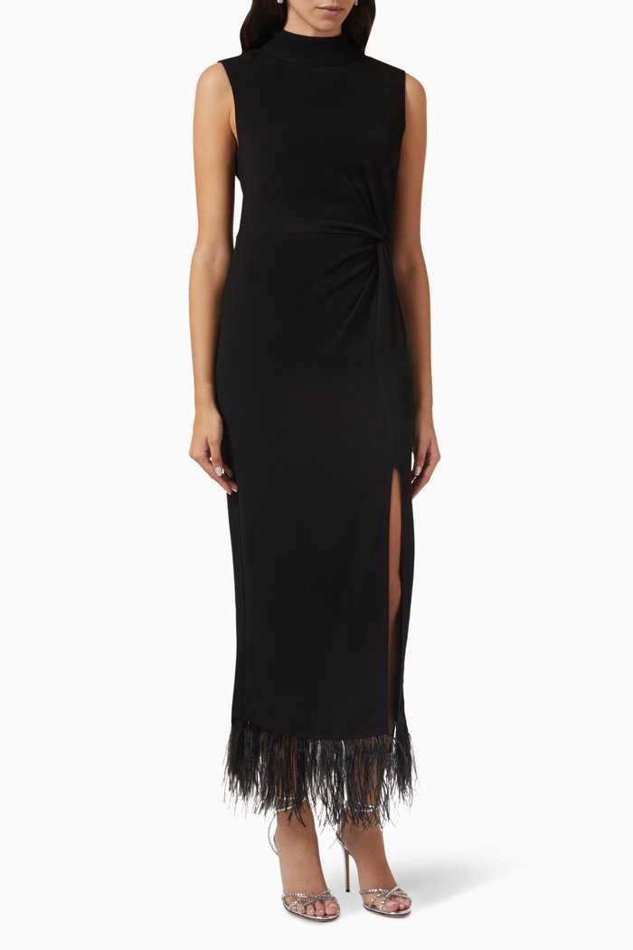 

Feather-trimmed Midi Dress in Crepe, Black