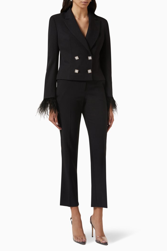 

Feather-trimmed Cropped Suit Set in Stretch-crepe, Black