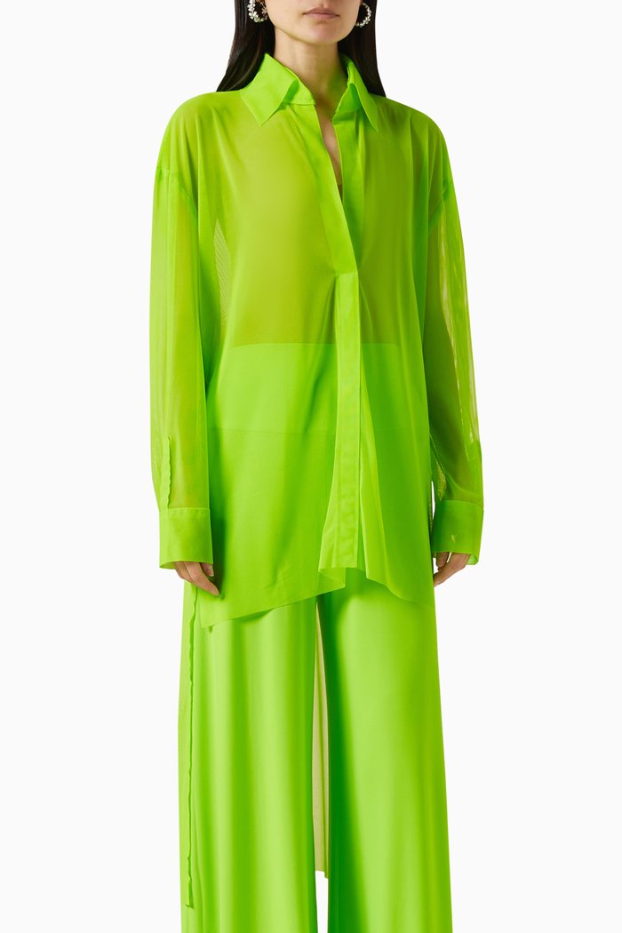 

High-low Oversized Boyfriend Shirt in Sheer Mesh, Green