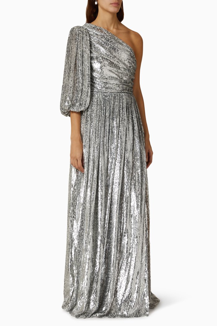 

Kelly One-shoulder Gown in Silk-blend Lurex Devore, Silver