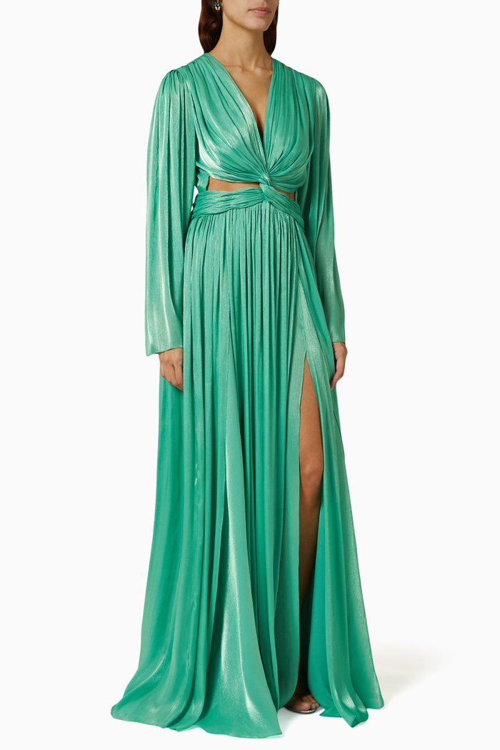 

Remi Iridescent Pleated Gown in Lurex Georgette, Green