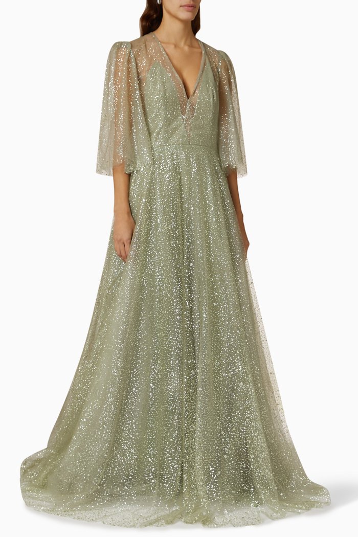 

Amara Cape Sleeves Gown in Glitter Flocked Tulle, Green