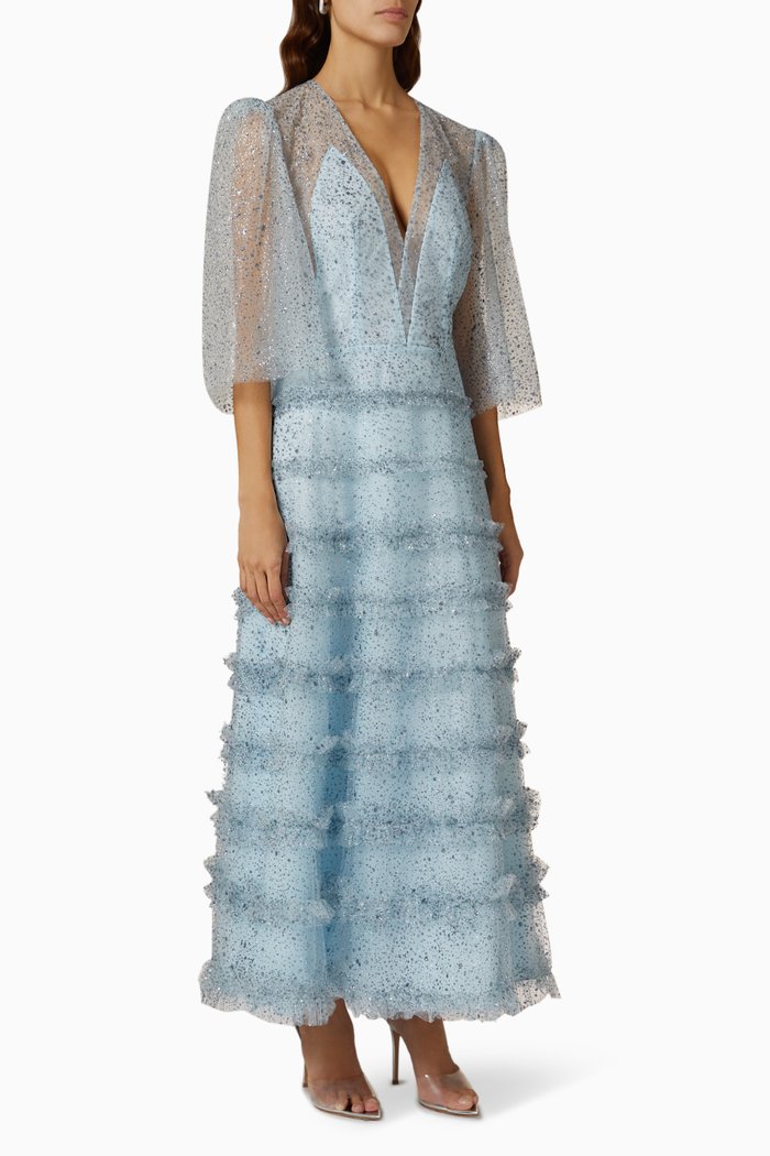 

Lucia Ruffle Dress in Glitter Flocked Tulle, Blue