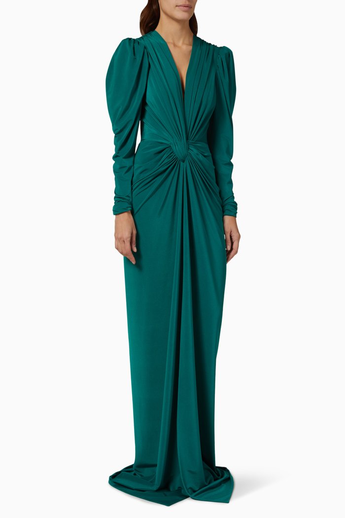 

Maren Plunging Draped Gown in Jersey, Green