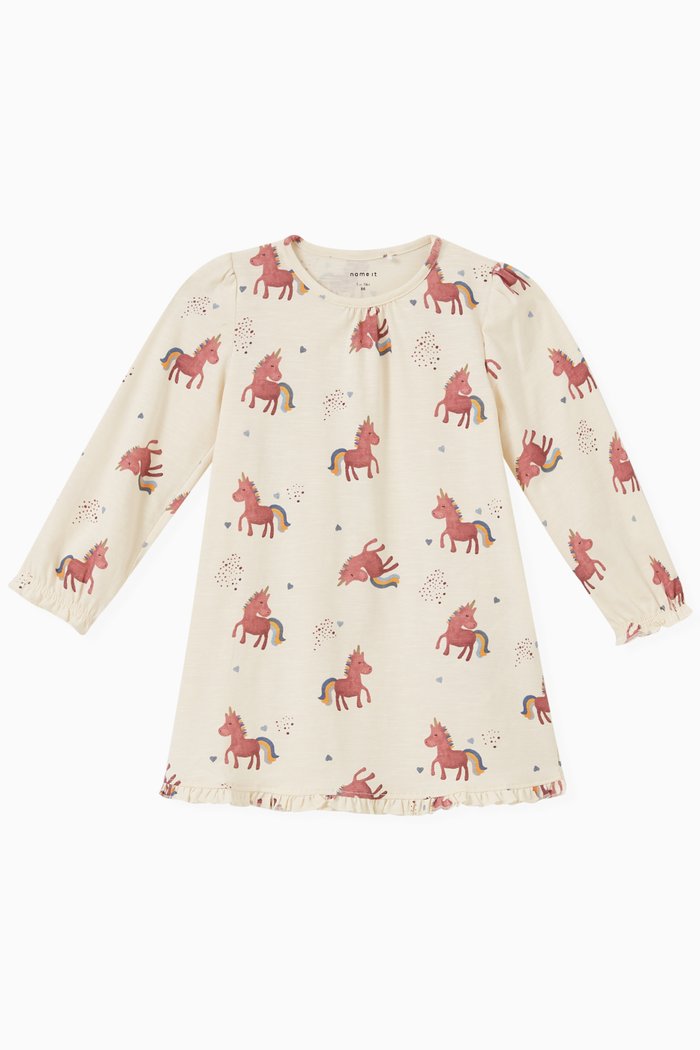 

Unicorn Print Dress in Organic Cotton, Neutral