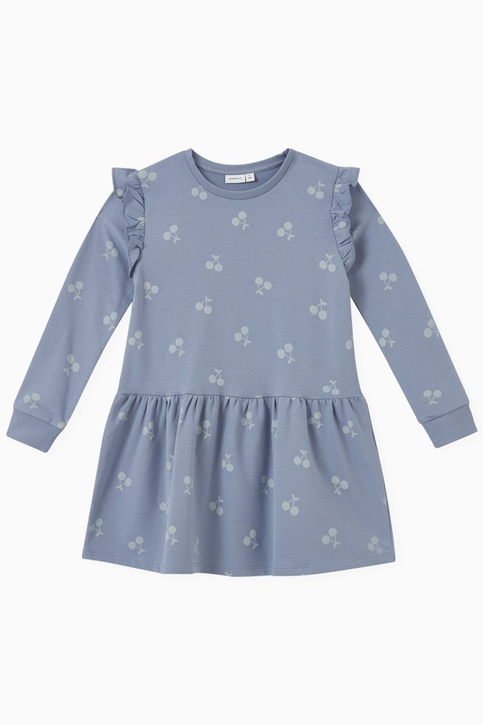 

Cherry Print Sweater Dress in Cotton, Blue
