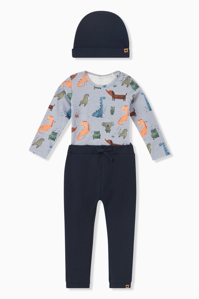 

Koala Print Bodysuit, Sweatpants and Hat, Set of Three, Blue