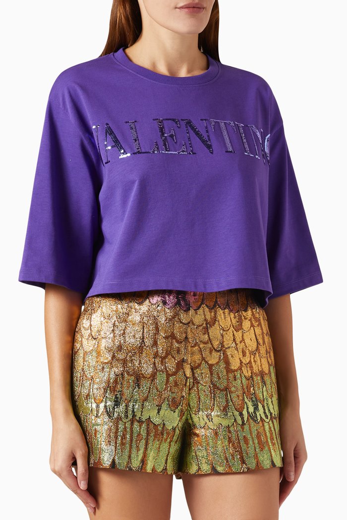Valentino Embroidered Crop Top in Jersey, Purple