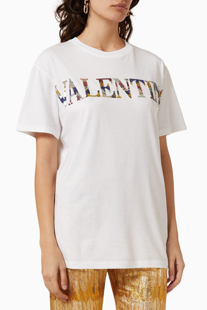 Valentino Sequin Logo T-shirt in Jersey, White