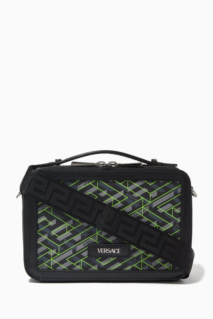La Greca Signature Messenger Bag in Coated Canvas, Black