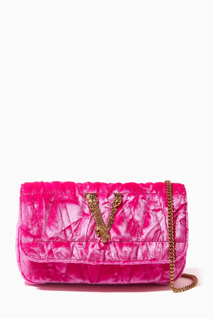 

Mini Vertus Shoulder Bag in Quilted & Crushed Velvet, Pink