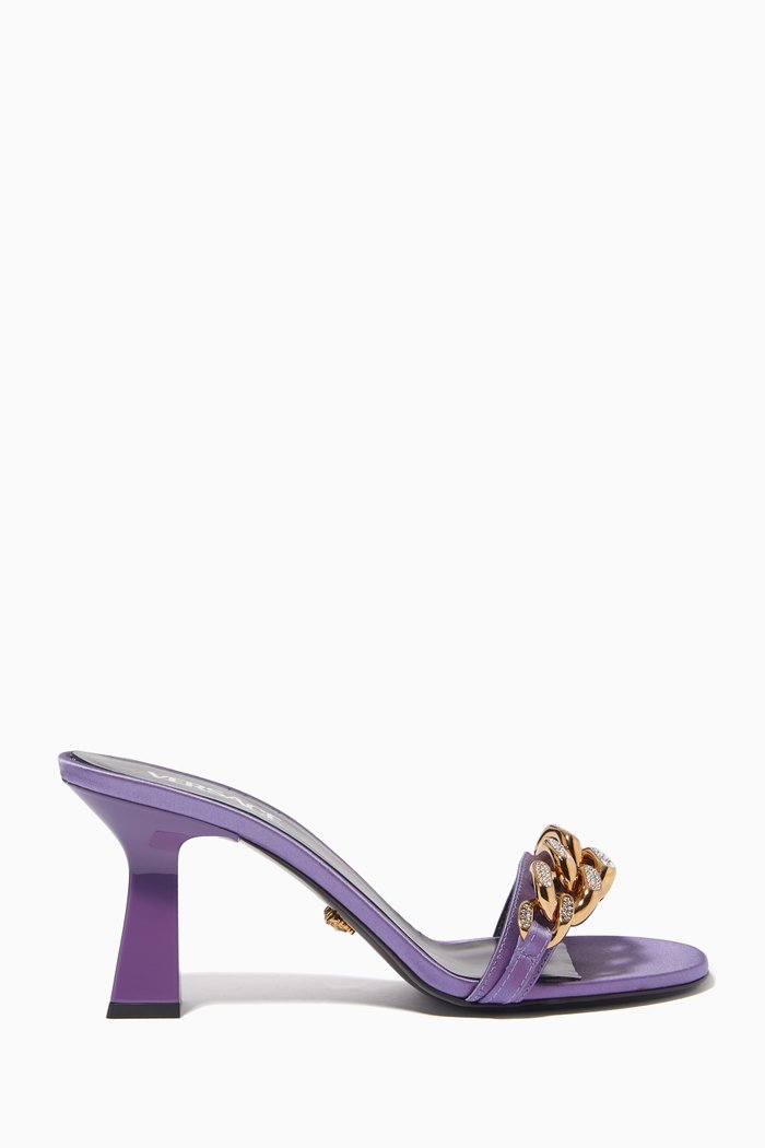 

Chain Embellished 70 Mule Heels in Satin, Purple