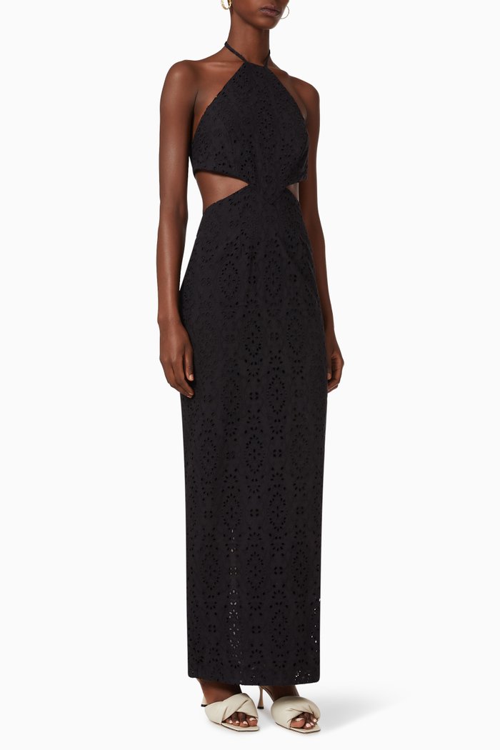 

Sienna Halter Maxi Dress in Broderie Anglaise Cotton, Black