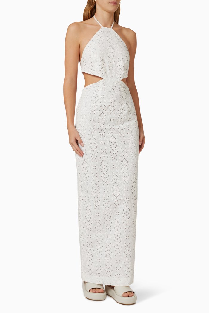 

Sienna Halter Maxi Dress in Broderie Anglaise Cotton, White