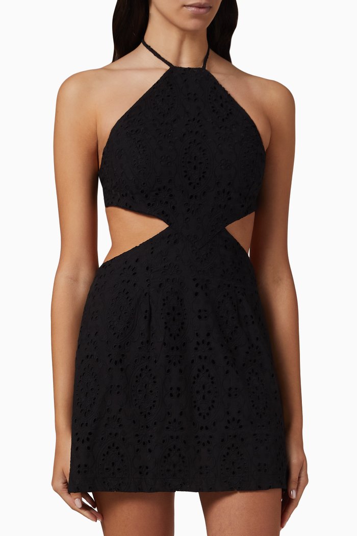 

Sienna Halter Mini Dress in Broderie Anglaise Cotton, Black