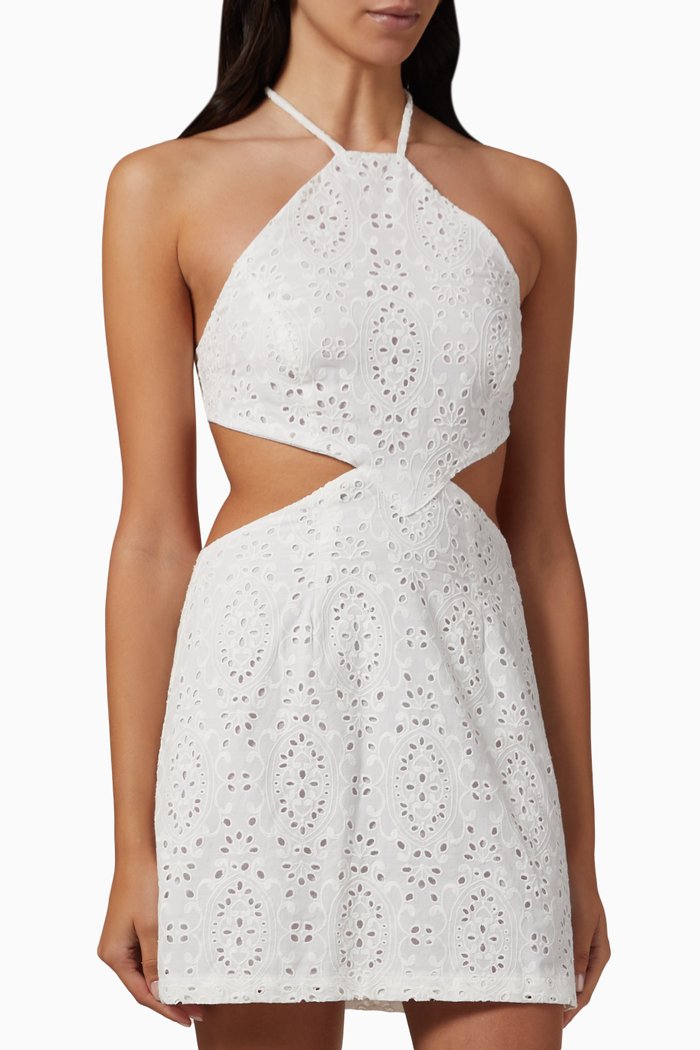 

Sienna Halter Mini Dress in Broderie Anglaise Cotton, White