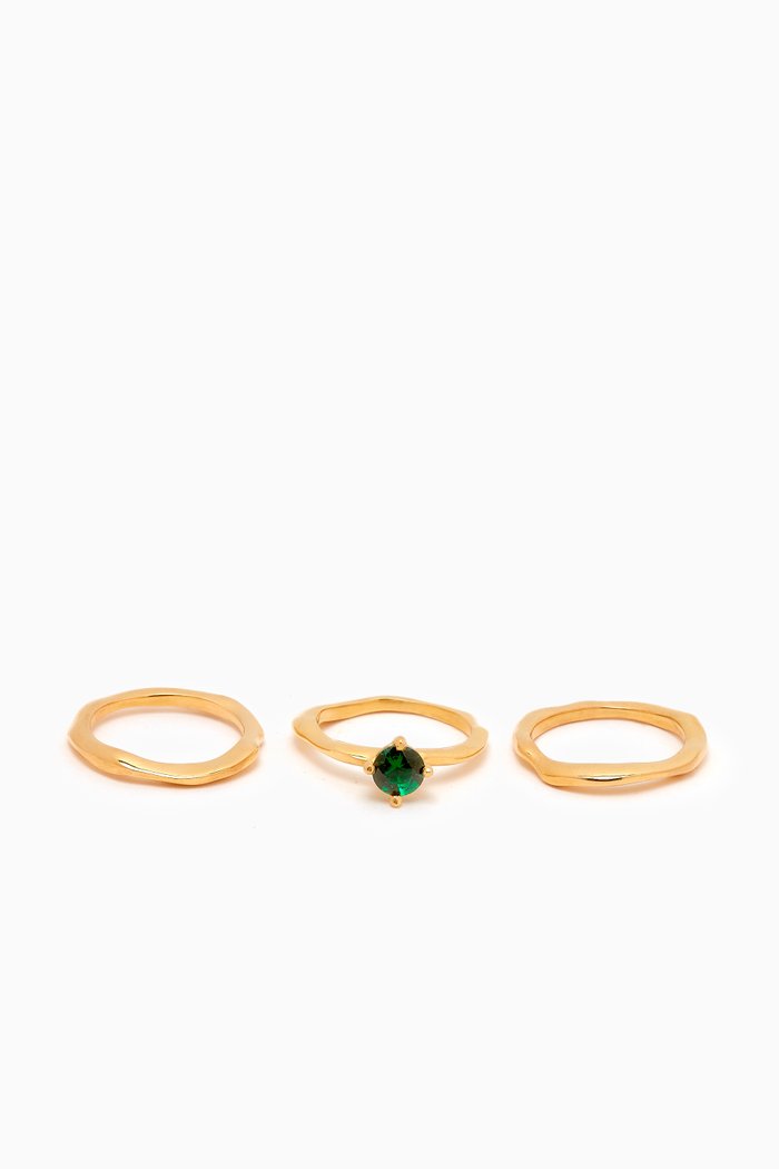 Waves Ring in Gold Plated Brass, Set of 3, Green