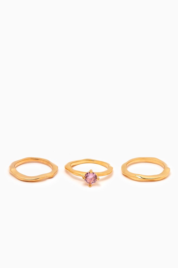 

Waves Ring in Gold Plated Brass, Set of 3, Pink