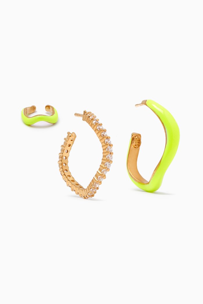 

Wave Hoop Earrings & Cuff Set in Gold-plated Brass & Enamel, White