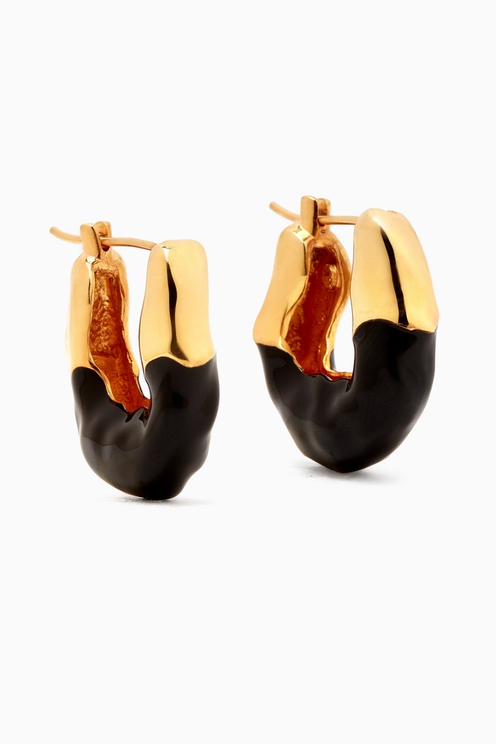 Wave Hoop Earrings in Gold-plated Brass & Enamel, Black
