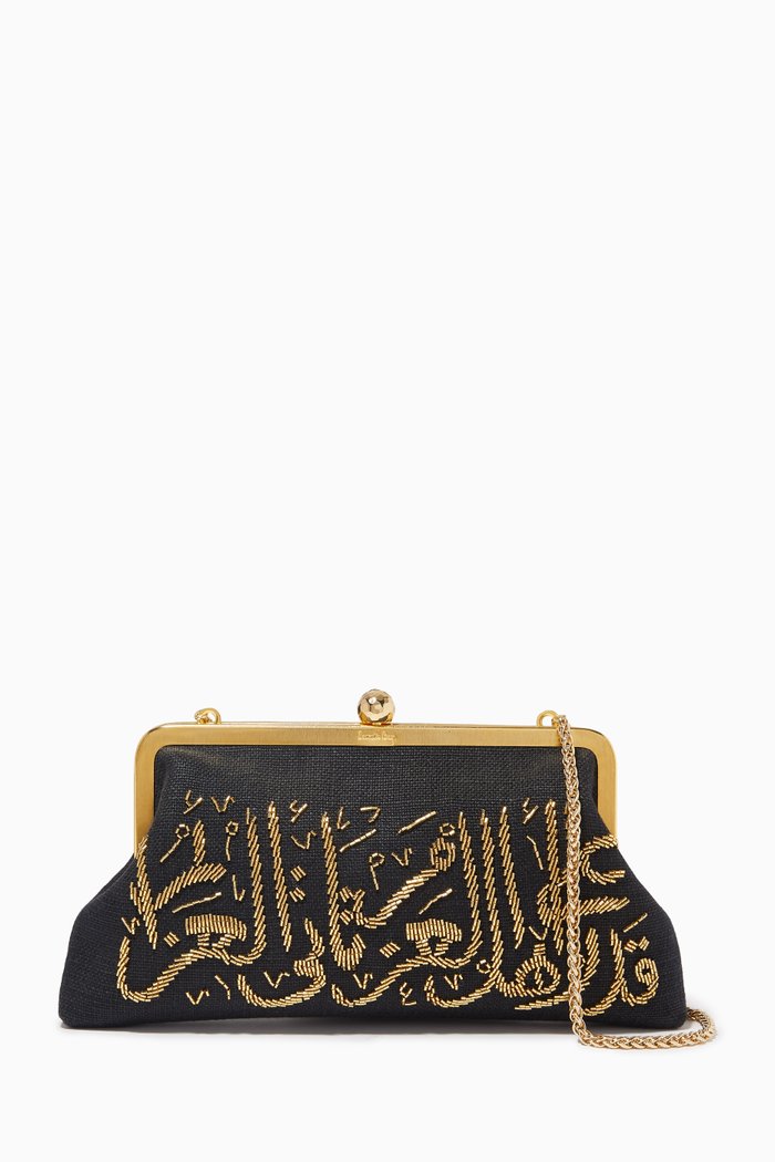 

Calligraphy Beaded Clutch in Canvas, Black