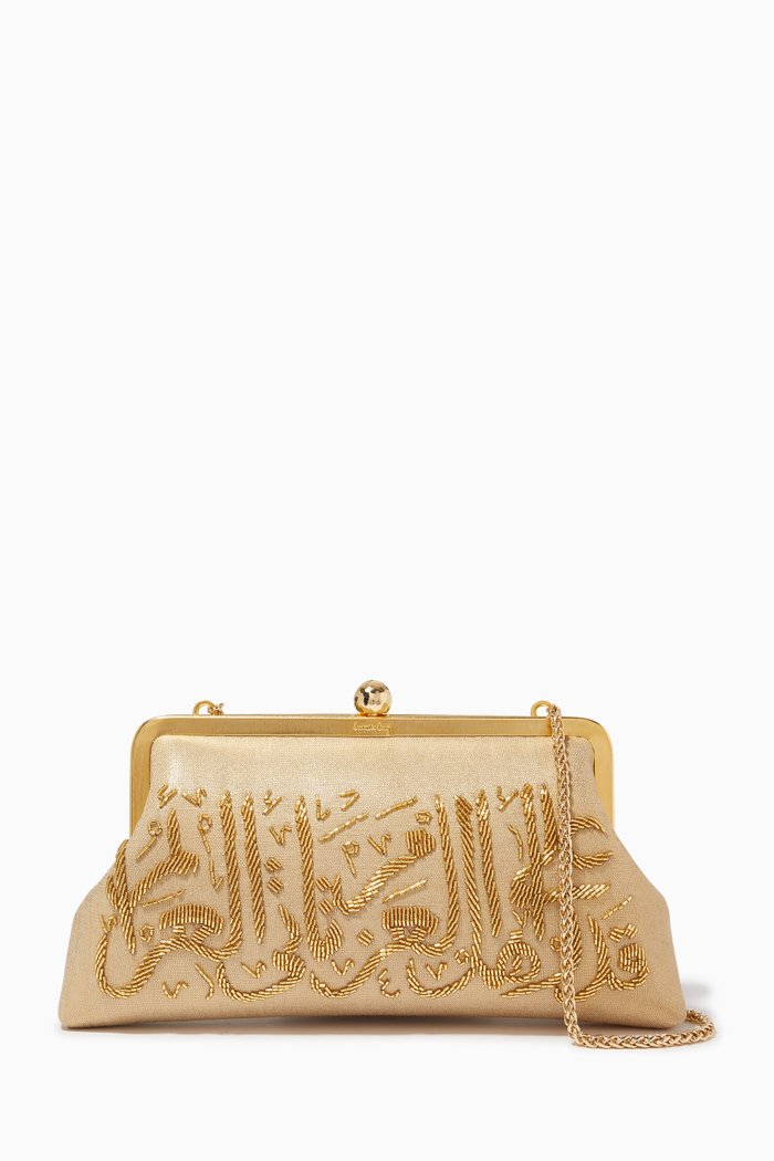 

Calligraphy Beaded Clutch in Canvas, Gold