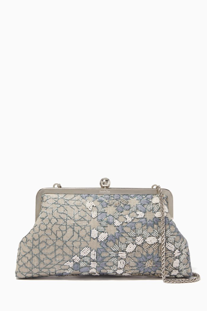 

Arabesque Beaded Clutch in Canvas, Silver