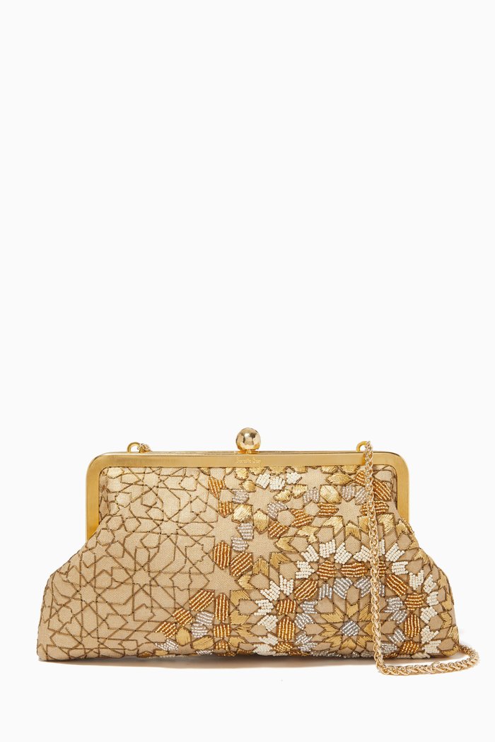 Arabesque Beaded Clutch in Canvas, Gold