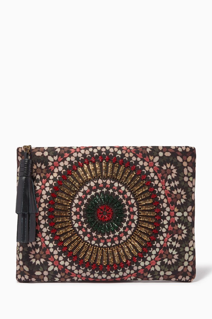 

Zellige Glass-bead Embroidered Pouch in Cotton & Viscose, Red