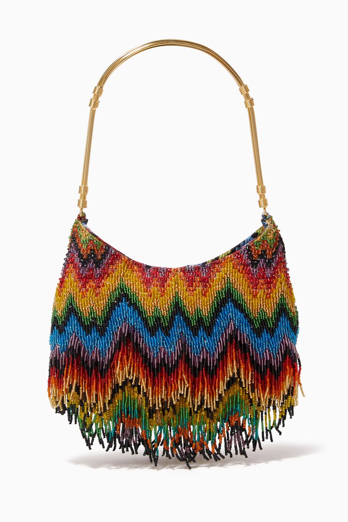 

Waves Glass-beaded Top Handle Bag in Woven Fabric, Multicolour