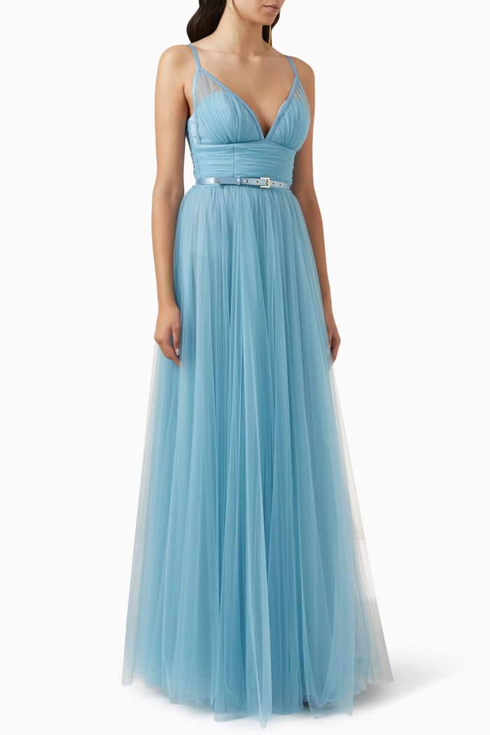 Belted Red Carpet Dress in Tulle, Blue