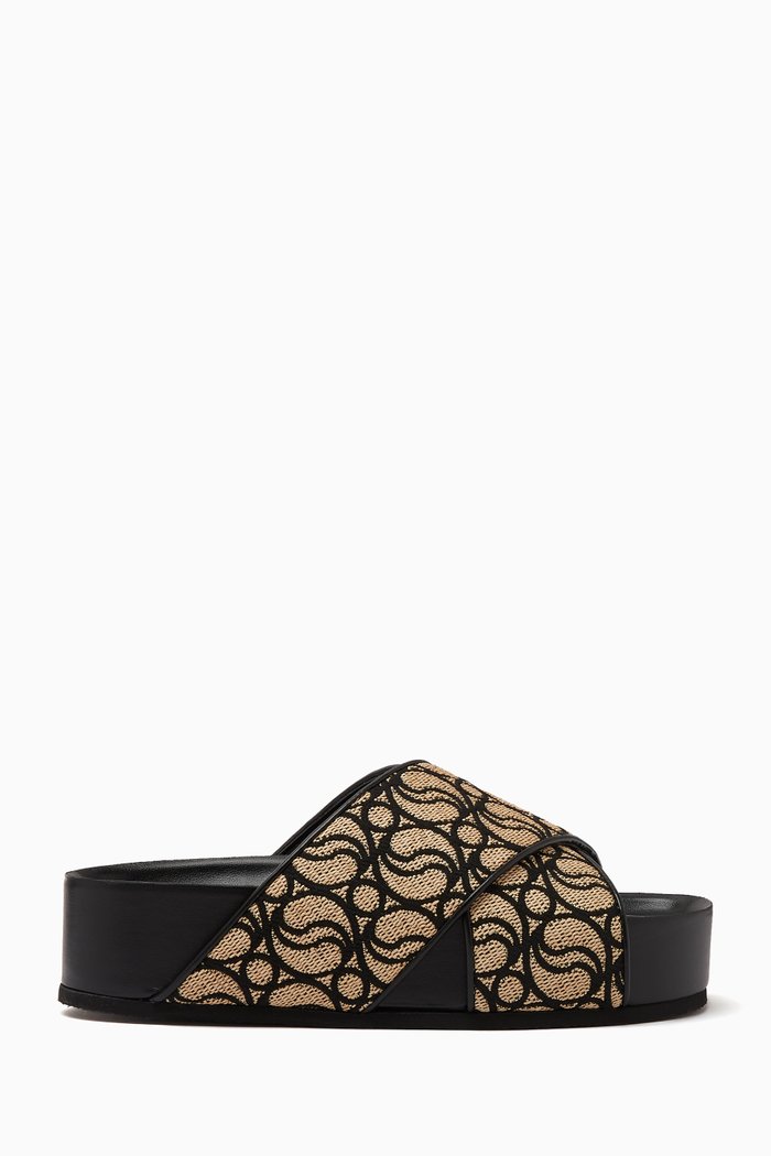 

Monogram Platform Slides in Raffia & Leather, Neutral