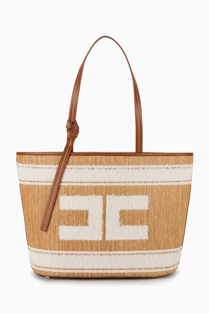 

Large East-West Tote Bag in Raffia, Brown