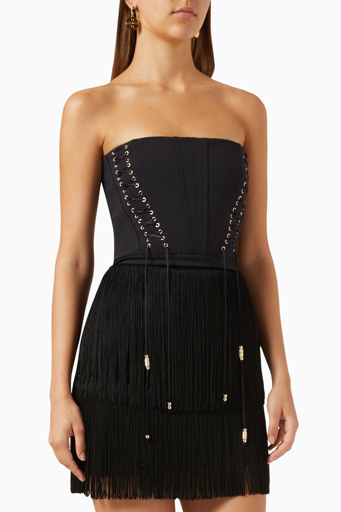 

Fringed Bustier Dress in Stretch Crepe, Black