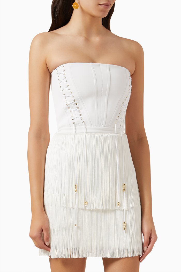 

Fringed Bustier Dress in Stretch Crepe, White