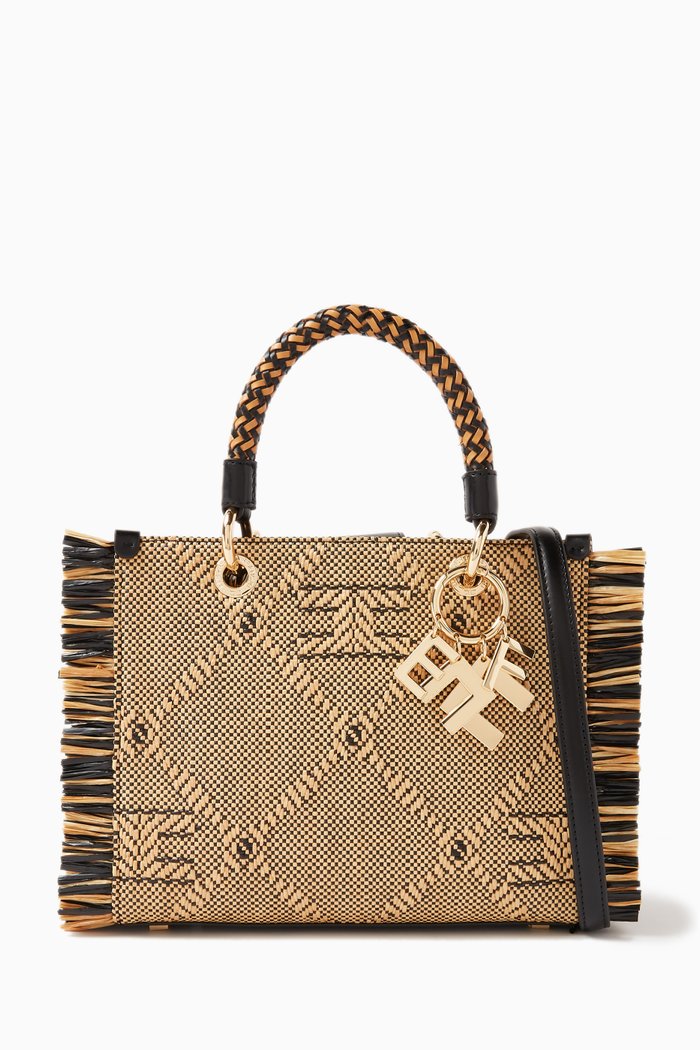 

Mini Tote Bag in Raffia with Fringes, Brown