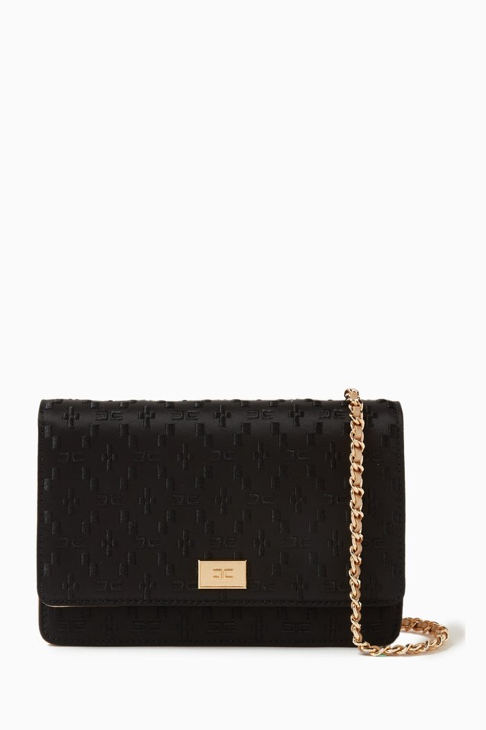 

Embroidered Wallet on Chain in Satin, Black